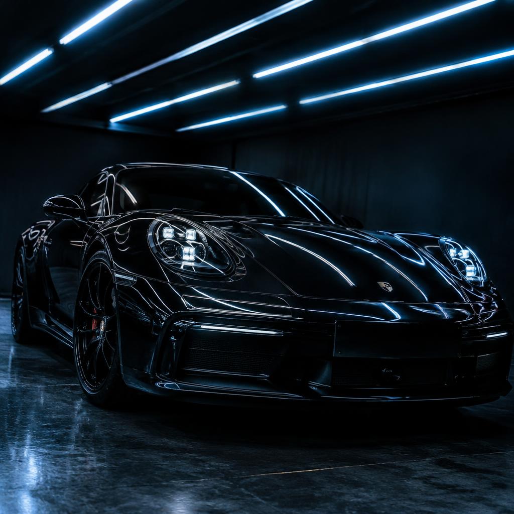 Glossy black sports car under shop lights